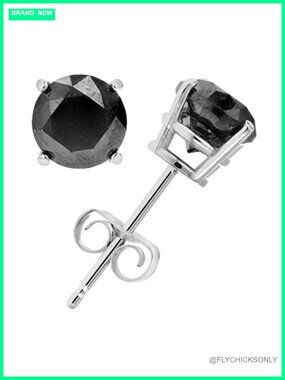 Black Diamond Stud Earrings in .925 Sterling Silver with Rhodium Push Backs